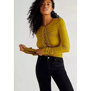 Free People Bella Lace-Up Top Size M Alchemy Green Mustard Ruched Jersey Long